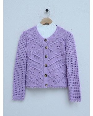 Openwork Embossed Bone Buttoned Knitted Cardigan -Lilac
