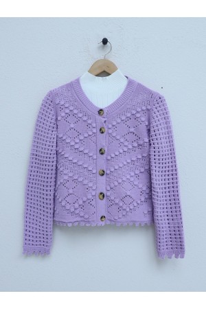 Ajurlu Kabartmalı Kemik Düğmeli Triko Hırka -Lila