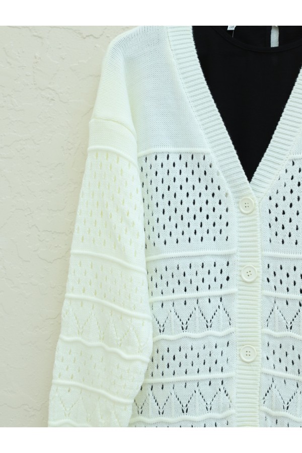 Patterned Buttoned Openwork Cardigan on Sleeves -White