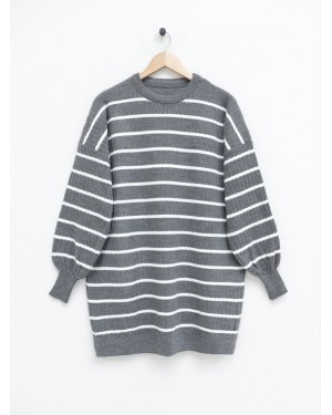 Crew Neck Ribbed Knitwear Tunic -Grey