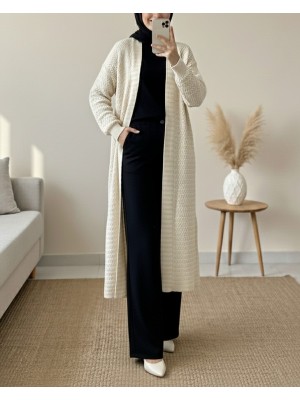 Zikzak Desenli Uzun Triko Hırka -Taş