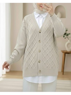 V Yaka Büyük Düğmeli Desenli Triko Hırka -Taş