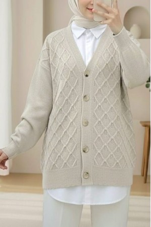 V Yaka Büyük Düğmeli Desenli Triko Hırka -Taş