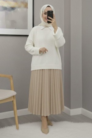 Crew Neck Skirted Ribbed Casual Knitwear Sweater      -White