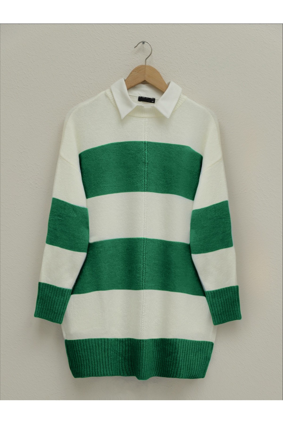 Thick Striped Knitwear Tunic -Green