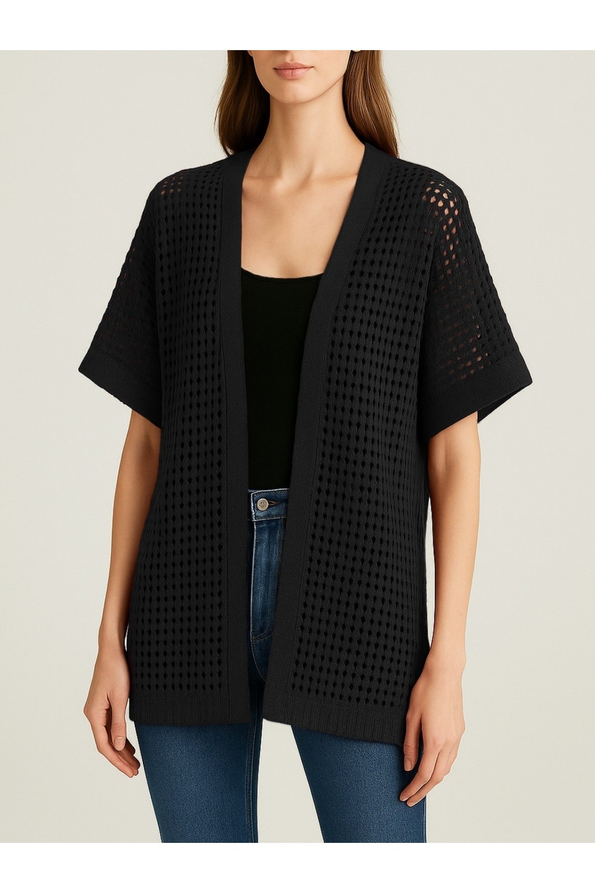 Bat Half Sleeve Openwork Knitwear Cardigan -Black