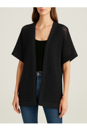 Yarasa Yarım Kol Ajurlu Triko Hırka -Siyah