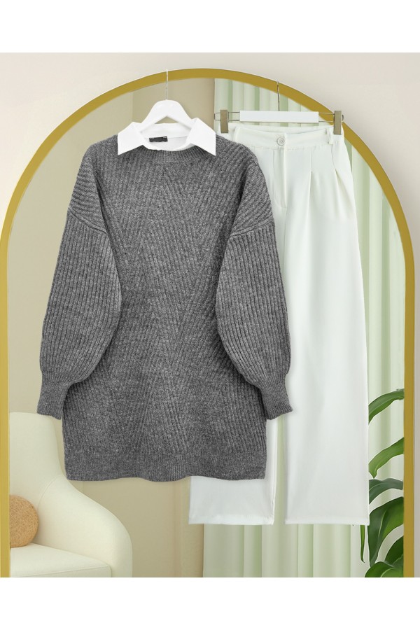 Crew Neck Diamond Pattern Knitwear Sweater           -Smoked 