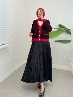 Düğmeli Cep Detaylı İnce Çizgili Triko Hırka -Vişne