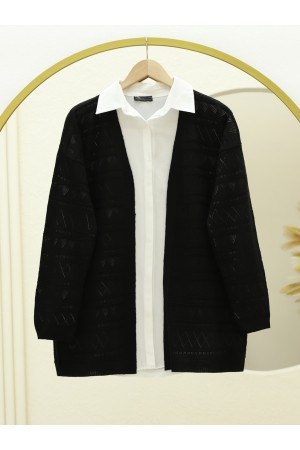 Karışık Desenli Ajurlu Triko Hırka  -Siyah