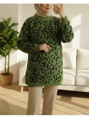 Yarım Boğazlı Desenli Yumoş Triko Tunik -F.Yeşili