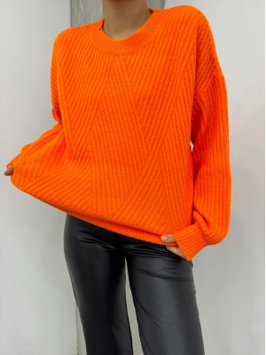 Baklava Desen Bisiklet Yaka Triko Kazak -Turuncu