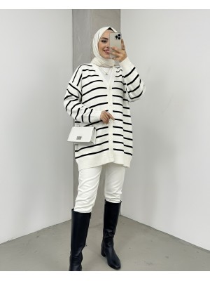 Çizgili Düğmeli V Yaka Triko Hırka    -Ekru