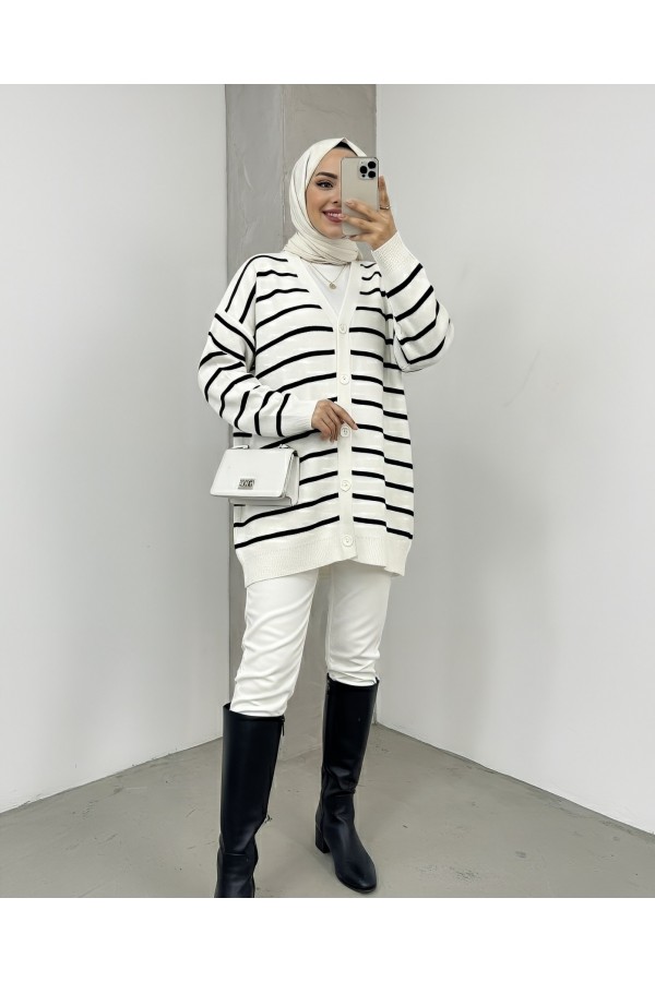 Striped Buttoned V   -Ecru