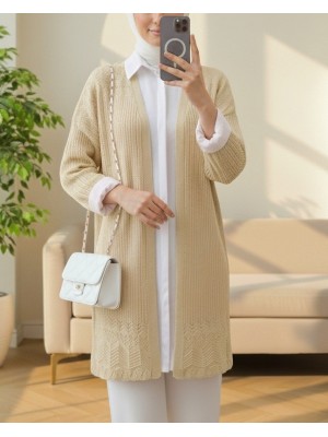 Eteği Desenli Ajurlu Hırka -Vizon