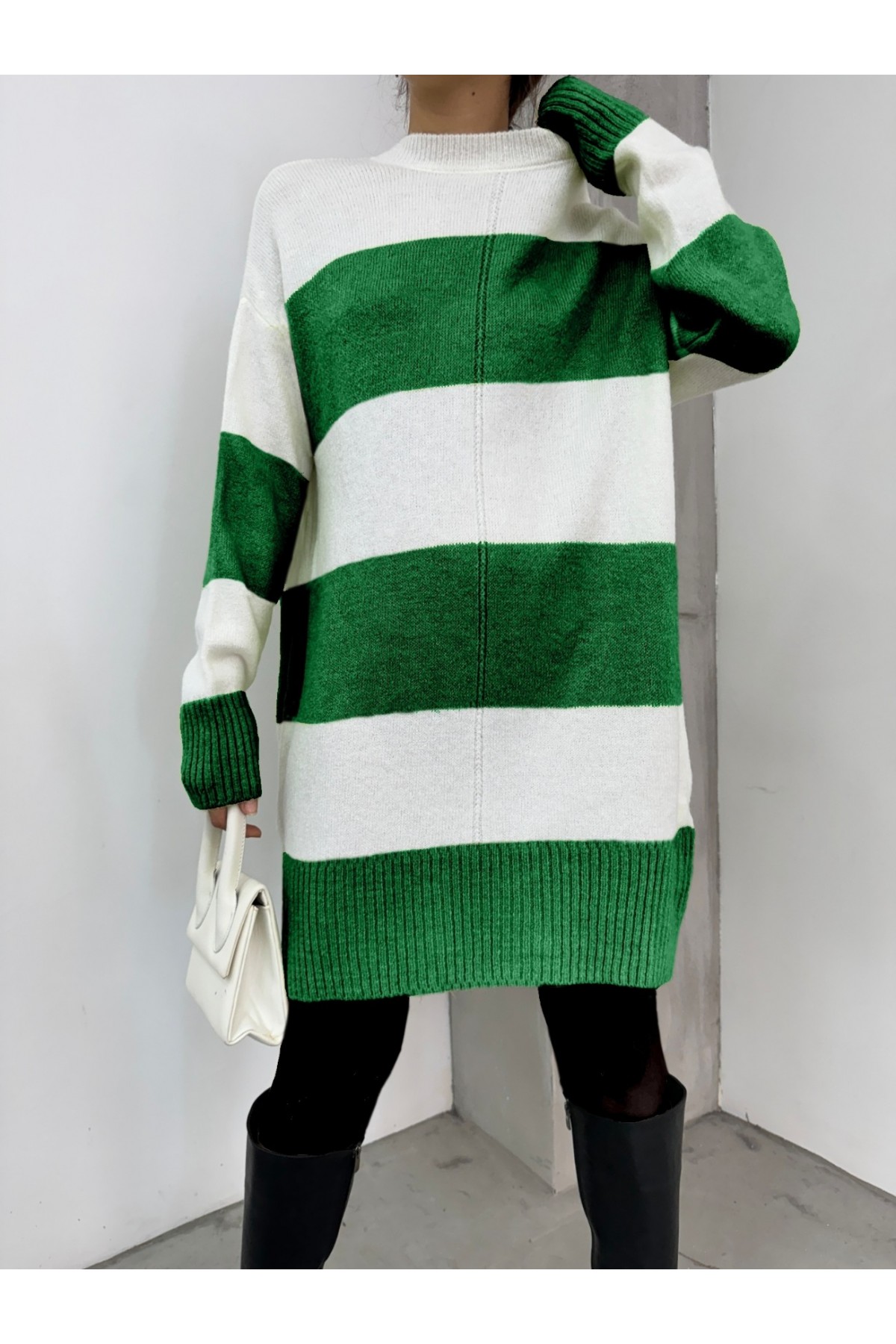 Thick Striped Knitwear Tunic -Green