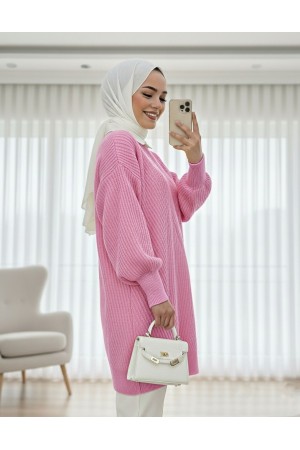 Crew Neck Diamond Pattern Knitwear Sweater          -Pink