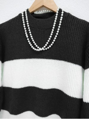 Yarım Boğazlı Çizgili Selanik Örgü Kazak  -Siyah