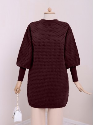 Kabartma Desen Triko Tunik     -Bordo