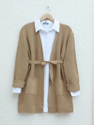 Bağcıklı Prinç Örgü Triko Hırka  -Vizon