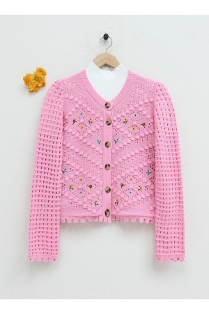 Çiçek Nakışlı Ponponlu Ajurlu Triko Hırka -Pembe
