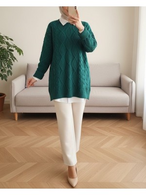 Honeycomb Pattern Loose Knitwear Sweater  -Emerald