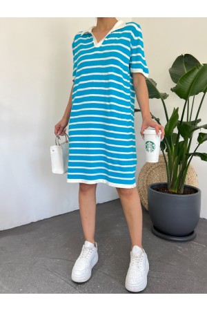 Polo Yaka Çizgili Triko Mini Elbise -Mavi