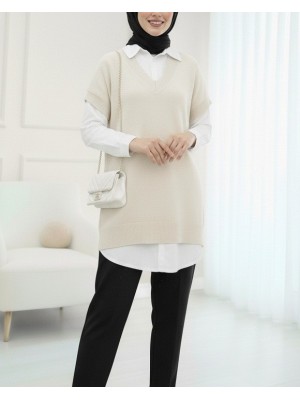 V Yaka Oversize Triko Süveter -Ekru