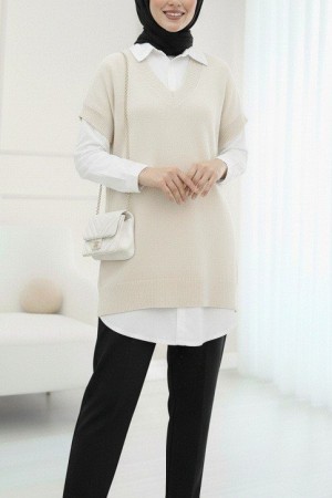 V Yaka Oversize Triko Süveter -Ekru