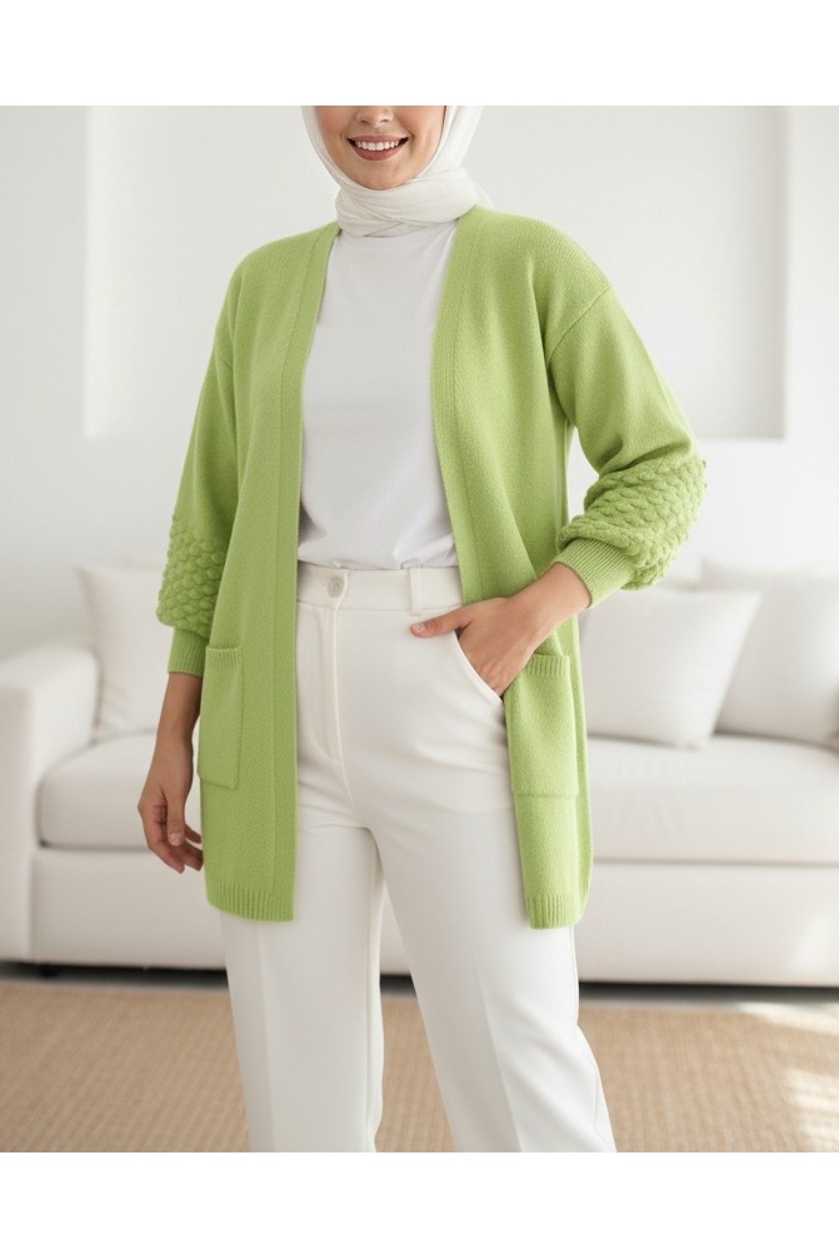 Balloon Sleeve Sleeve Pompom Pocket Cardigan  -PISTACHIO GREEN