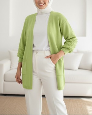 Balon Kol Kolu Ponponlu Cepli Hırka  -F.Yeşili