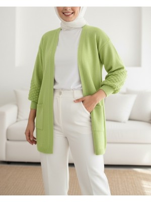 Balon Kol Kolu Ponponlu Cepli Hırka  -F.Yeşili