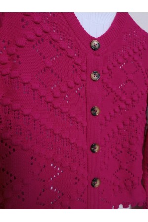 Ajurlu Kabartmalı Kemik Düğmeli Triko Hırka -Fuşya