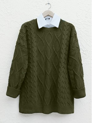 Honeycomb Pattern Loose Knitwear Sweater      -Khaki