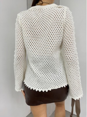 Önü Çiçek Nakışlı File Örgü Triko Kazak  -Ekru