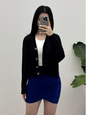 Ajurlu Kemik Düğmeli Yırtmaçlı Hırka -Siyah