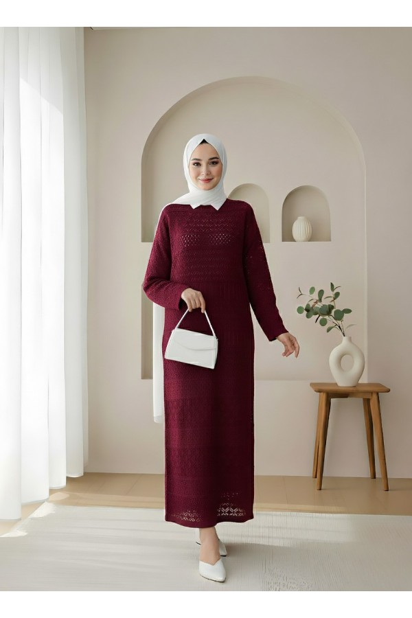 Ajurlu Desenli Triko Elbise -Bordo