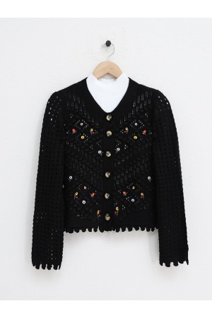Floral Embroidered Pompom Openwork Knitted Cardigan  -Black
