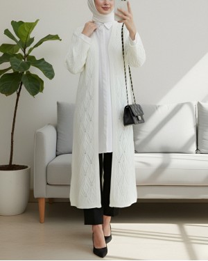 Baklava Pattern Openwork Long Knitwear Cardigan  -Cream color