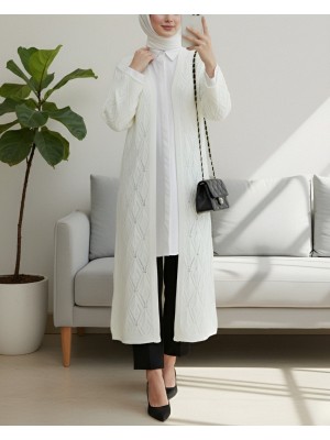 Baklava Desen Ajurlu Uzun Triko Hırka  -Krem