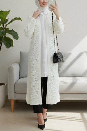 Baklava Pattern Openwork Long Knitwear Cardigan  -Cream color