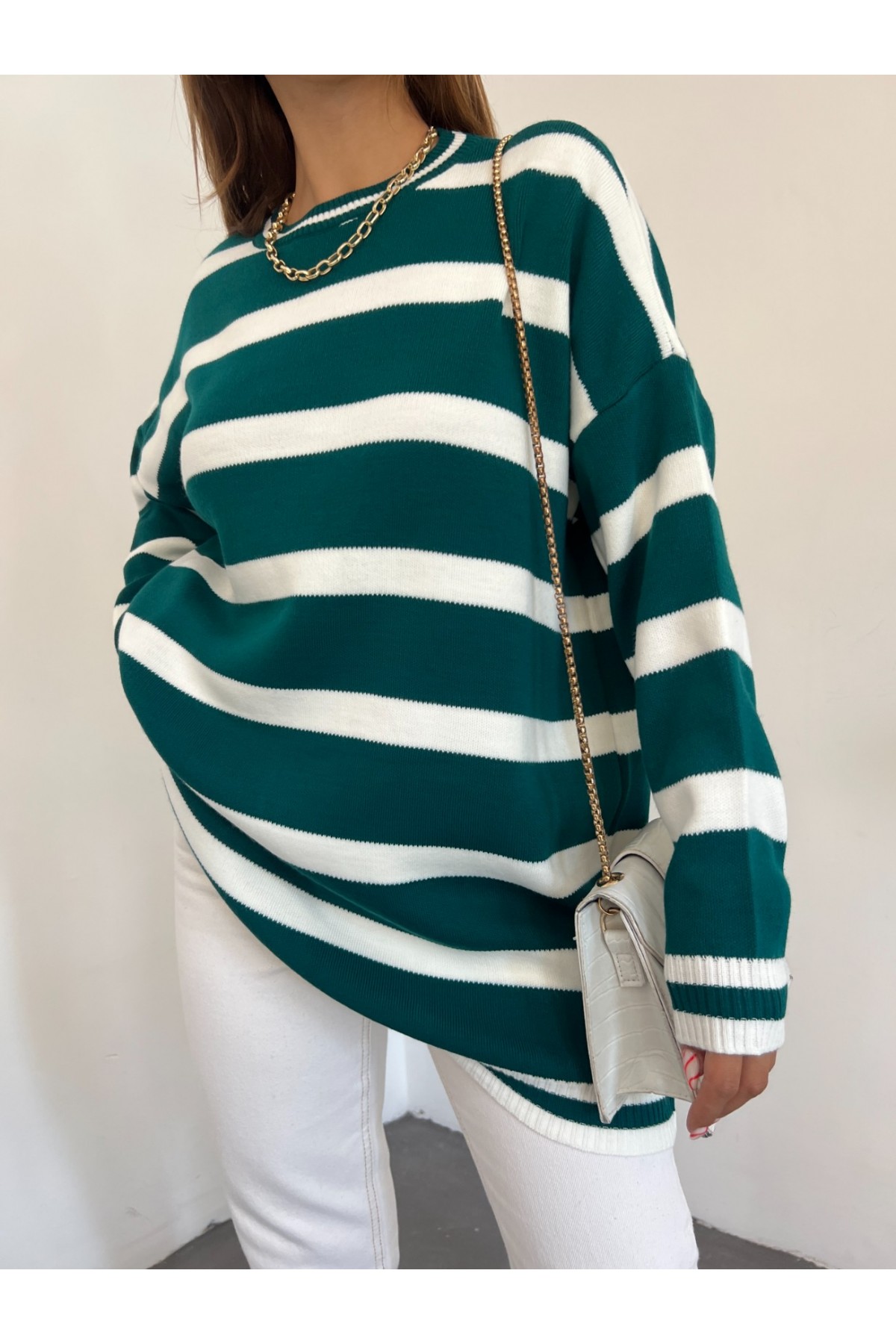 Striped Winter Hijab Knitwear Tunic   -Dark green