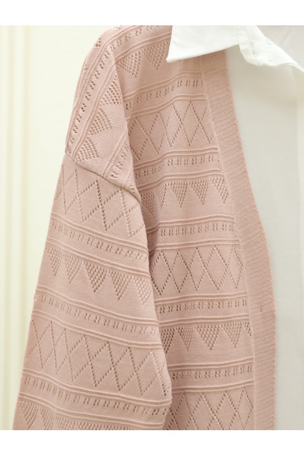 Mixed Patterned Openwork Knitwear Cardigan -Powder
