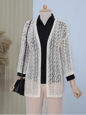 Yarım Kol Ajurlu Kısa Hırka   -Krem