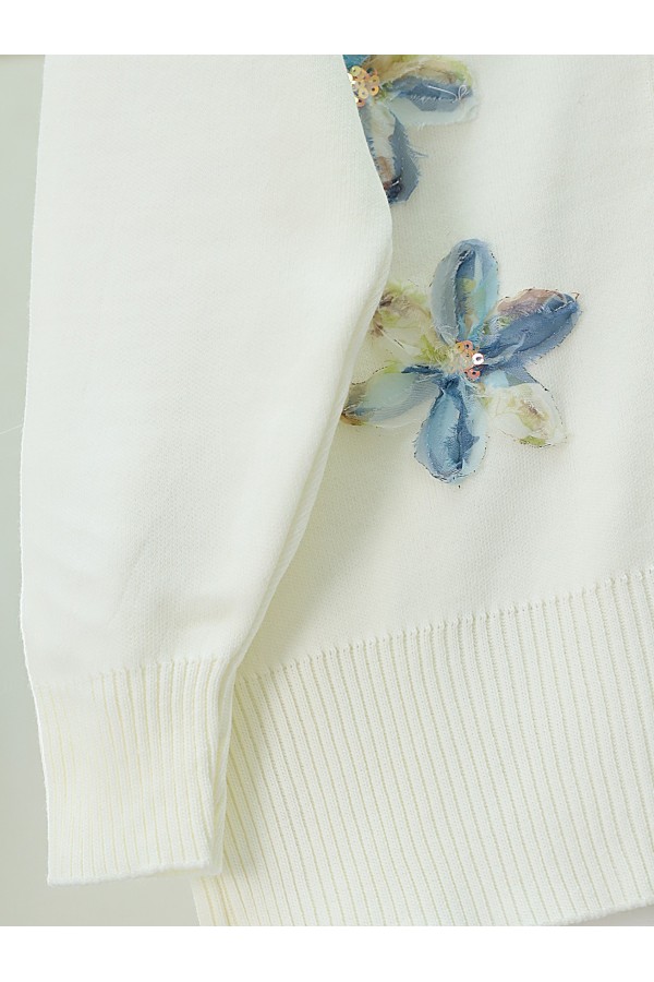 V Neck Organza Tulle Floral Embroidered Knitwear Cardigan -İndigo