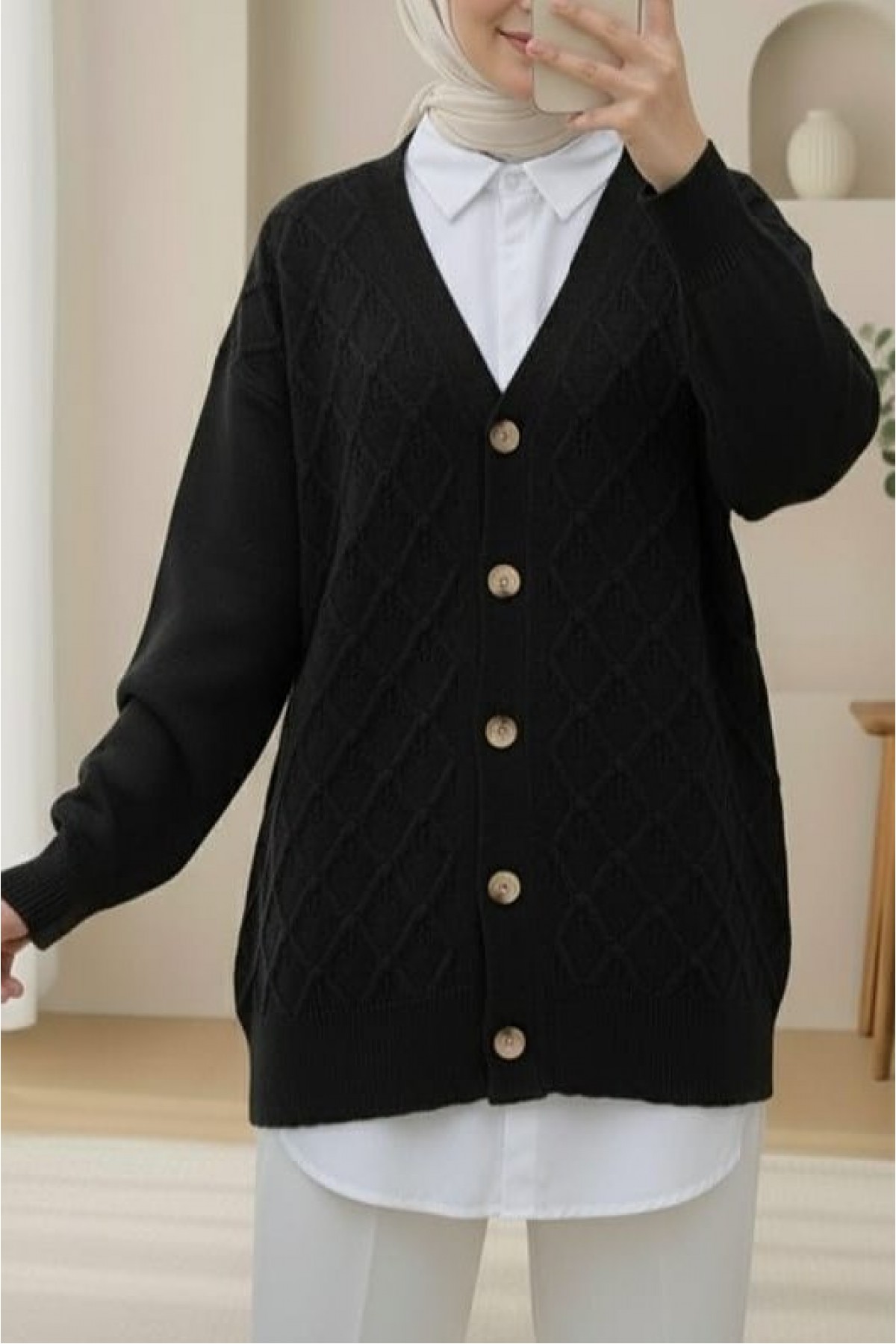 V-Neck Large Buttoned Patterned Knitwear Cardigan -Black
