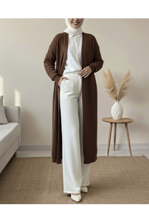 Zikzak Desenli Uzun Triko Hırka -K. Kahve