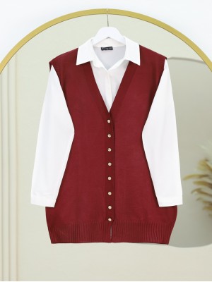 V Yaka Düğmeli Triko Yelek -Bordo