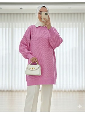 Bisiklet Yaka Baklava Desen Triko Kazak          -Pembe