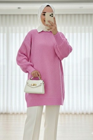 Crew Neck Diamond Pattern Knitwear Sweater          -Pink